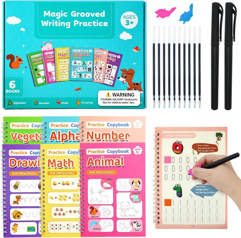 Elover Magic Grooved Writing Practice for Kids,Reusable Grooved Handwriting Workbooks Ages 3-8 for Preschool Grooved Handwriting Practice for Kids 5-7 Christmas Gifts (6 Books) - Image 1